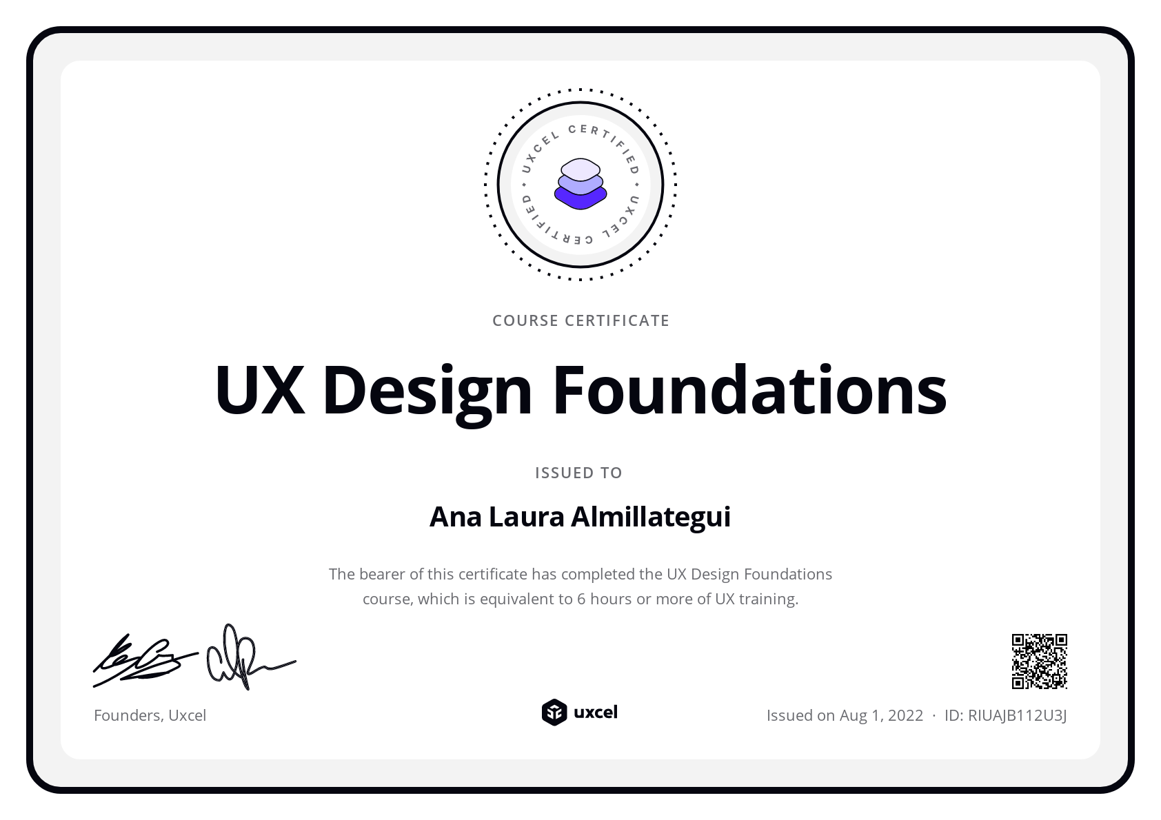 Ana Laura Almillategui's certificate